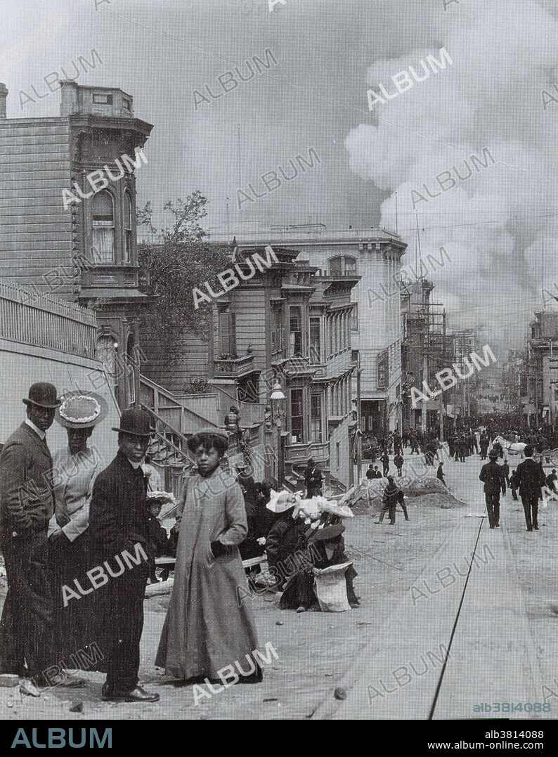 The San Francisco earthquake of 1906 was a major earthquake that struck San Francisco and the coast of Northern California at 5:12 a.m. on Wednesday, April 18, 1906. Devastating fires broke out in the city and lasted for several days. As a result of the quake and fires, about 3,000 people died and over 80% of San Francisco was destroyed. The most widely accepted estimate for the magnitude of the earthquake is a moment magnitude (Mw) of 7.9. Shaking was felt from Oregon to Los Angeles, and inland as far as central Nevada. As damaging as the earthquake and its aftershocks were, the fires that burned out of control afterward were even more destructive. It has been estimated that up to 90% of the total destruction was the result of the subsequent fires. Property losses from the disaster have been estimated to be more than $400 million (1906 US dollars). The earthquake and resulting fire are remembered as one of the worst natural disasters in the history of the United States. Photograph originally captioned: People gathered in horror and disbelief as flames and smoke swallowed downtown San Francisco. The fire, which took three days touring under control, consumed some 28,000 buildings.