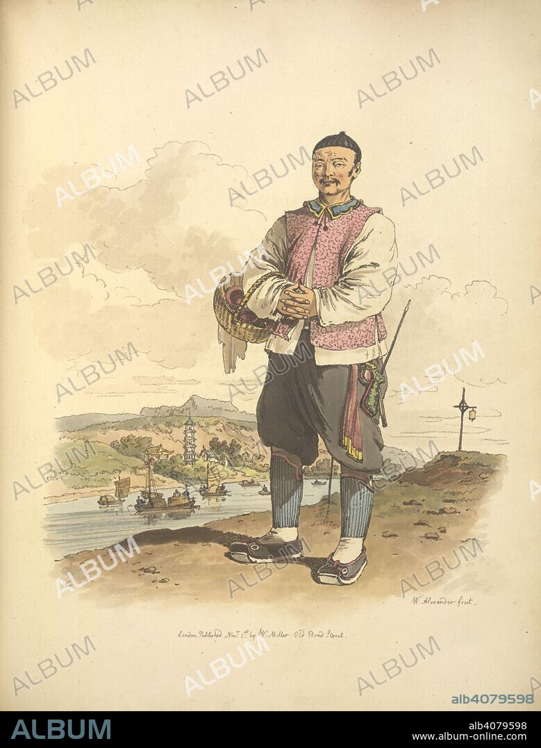 A tradesman. The Costume of China. Illustrated in forty-eight c. William Miller: London, 1805. The tradesman wears a sleeveless pink jacket of silk, with a collar of velvet. His stockings are of cotton quilt and his shoes are embroidered. His pipe, pouch, knife and chopsticks are suspended from a sash; in his right hand is a basket of birds' nests, which he carries for sale. The background is a scene at Han-tcheou-foo.  Image taken from The Costume of China. Illustrated in forty-eight coloured engravings.  Originally published/produced in William Miller: London, 1805. . Source: 455.e.9, plate 45. Language: English.