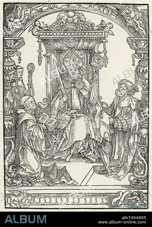 Johannes Trithemius (eigtl Johannes Heidenberg or Johannes Zeller, also Johannes von Trittenheim, Johannes Tritheim), Benedictine, humanist, scholar, 1.2.1462 Trittenheim - 13.12.1516 Würzburg. - "Abbot Johann Trithemius hands over to the Bishop of Würzburg his book de Origine Francorum". - Woodcut facsimile, 19th century, after woodcut from: 'De origine gentis Francorum compendium', Mainz 1515.