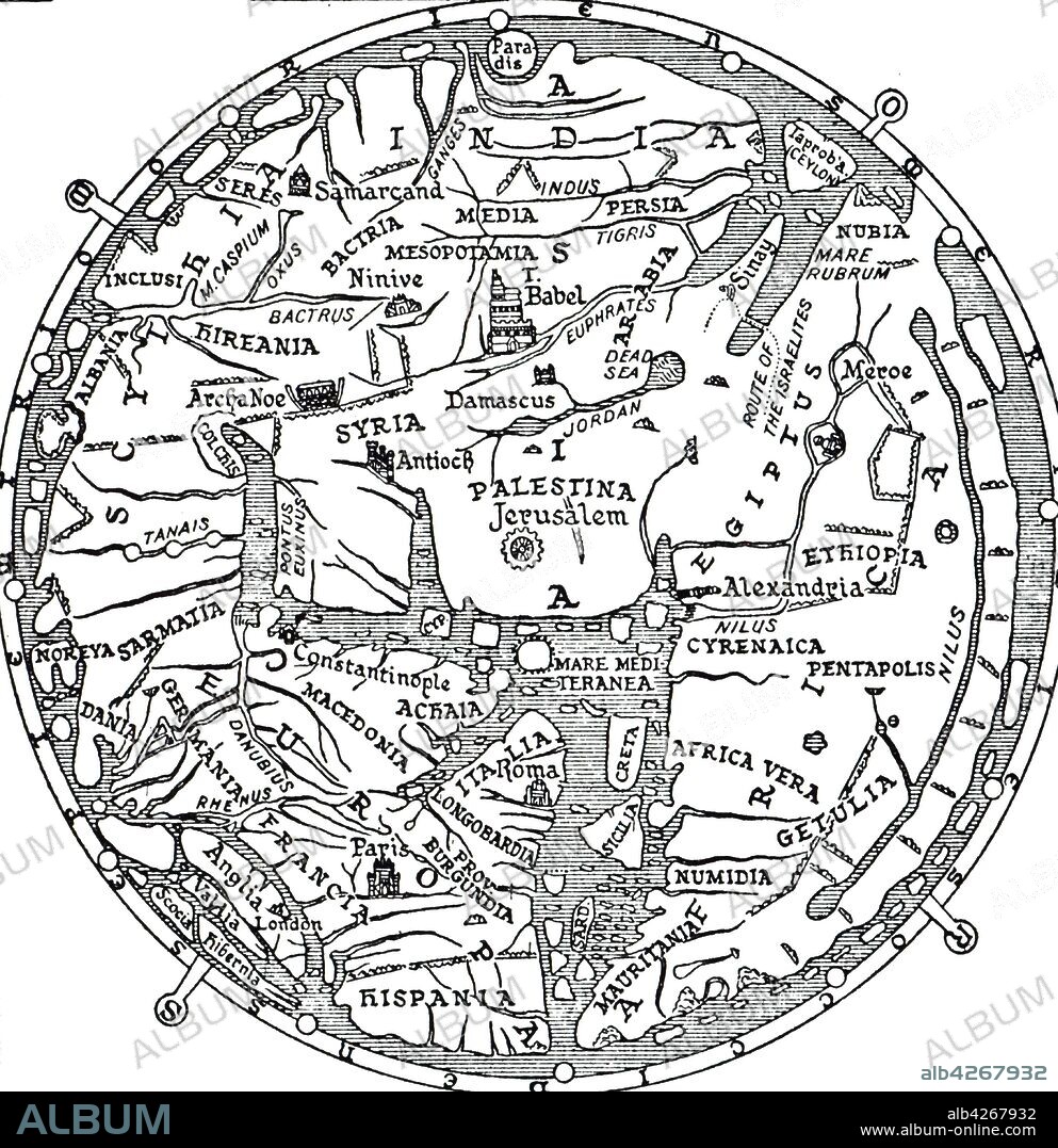 An engraving depicting the central section of the Hereford Mappa Mundi, a medieval map of the known world. Dated 14th century.