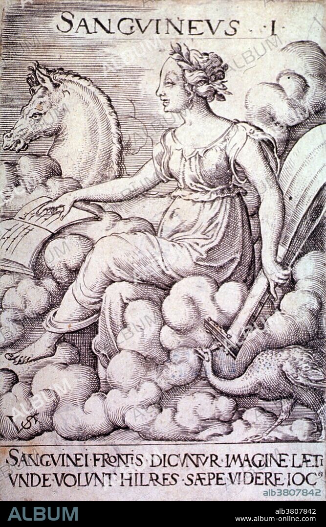 Sanguine. A young woman rides in the clouds with various attributes of the sanguine temperament such as the horse Pegasus, a peacock, a lute and a music book. Humorism was a belief that an excess or deficiency of any of four distinct bodily fluids known as humors in a person directly influences their temperament and health. From Hippocrates onward, the humoral theory was adopted by Greek, Roman and Persian physicians, and became the most commonly held view of the human body among European physicians until the advent of modern medical research in the nineteenth century. The four humors of Hippocratic medicine are black bile, yellow bile, phlegm, and blood, and each corresponds to one of the traditional four temperaments. Four temperaments is a belief that there are four fundamental personality types, sanguine (pleasure-seeking and sociable), choleric (ambitious and leader-like), melancholic (analytical and literal), and phlegmatic (relaxed and thoughtful). Engraving by Virgilius Solis, the Elder, 16th century.