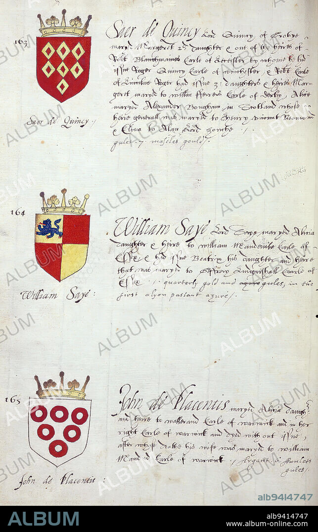 Book of English heraldry, Arms of Saer de Quincy, William Saye, and John de Placentis, This book of English heraldry was completed ca. 1589. The manuscript belonged to the Spencer family, as known through inscriptions on the first few flyleaves, including the motto 'Dieu defende Le Droit' (God defends the right). This motto has long been associated with the Spencer family of England, which is the family line of Princess Diana, as well as the Spencers who were among the founders of Virginia. The Spencer family's heraldry is included in the manuscript, along with the coats of arms of numerous prominent British families, including the Hasting, Gray, Beuford, and Percye families.
