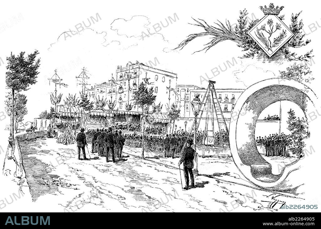 Barcelona. Inauguración de la red de cloacas en el barrio de Gracia. Grabado de 1887.
