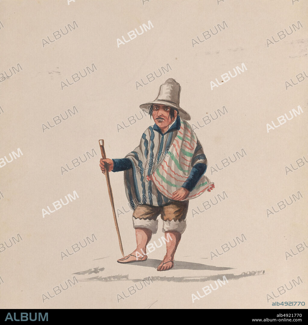 Attributed to Francisco (Pancho) Fierro, A Peruvian man, from a group of drawings depicting Peruvian costume, Attributed to Francisco (Pancho) Fierro (African Peruvian, 18071879), ca. 1848, Watercolor, Sheet: 9 1/16 × 7 15/16 in. (23 × 20.2 cm), Drawings.