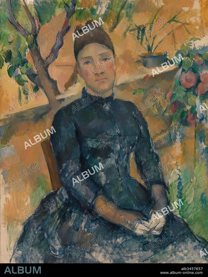 Madame Cézanne (Hortense Fiquet, 1850–1922) in the Conservatory, 1891, Oil on canvas, 36 1/4 x 28 3/4 in. (92.1 x 73 cm), Paintings, Paul Cézanne (French, Aix-en-Provence 1839–1906 Aix-en-Provence), Hortense Fiquet, a former artist’s model, met Cézanne about 1869; they had a son in 1872, fourteen years before they married. This painting, one of more than two dozen for which Hortense posed, is set in the conservatory of the Jas de Bouffan, the Cézanne family estate near Aix.
