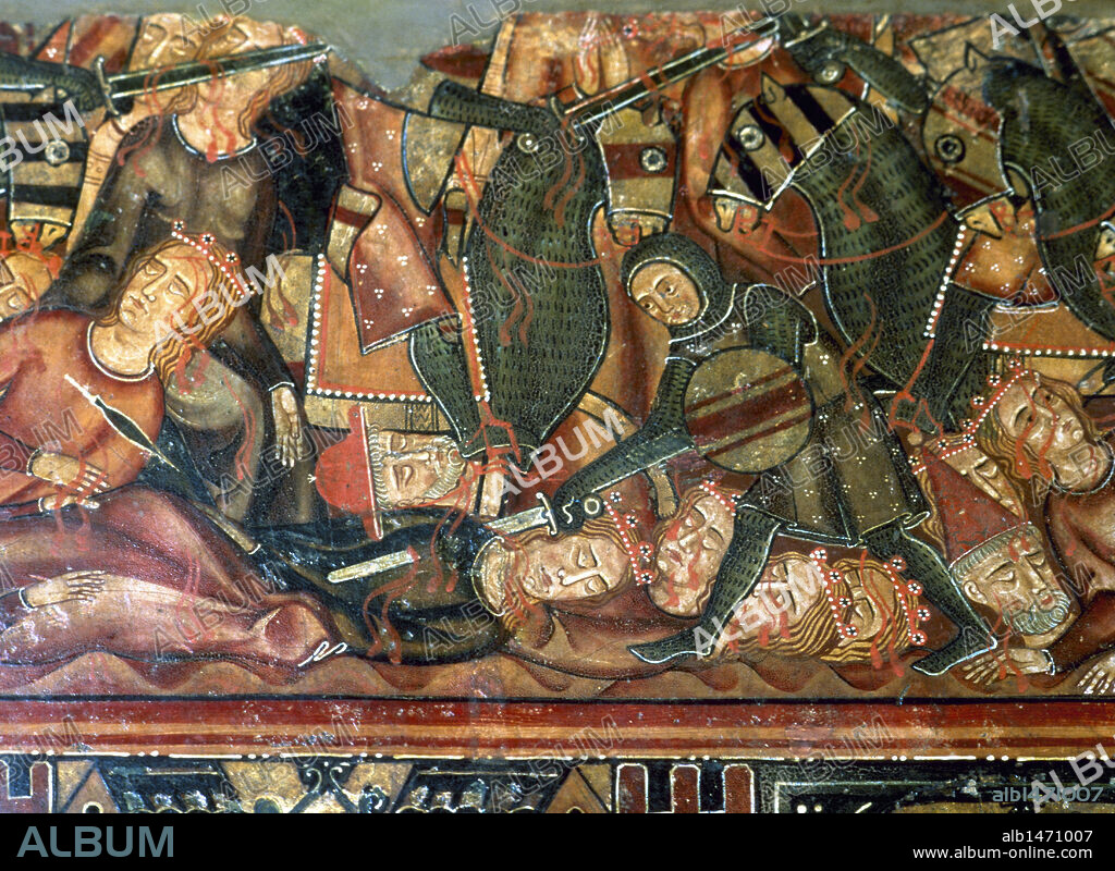 Catalan armies, navy, cavalry and infantry who conquered Mallorca in 1229. Detail from the Altarpiece of St. Ursula. Master of the Conquest of Mallorca. 13th century. It comes from the Church of St. Anthony of Padua in Arta. Palma, Majorca. Balearic Islands.