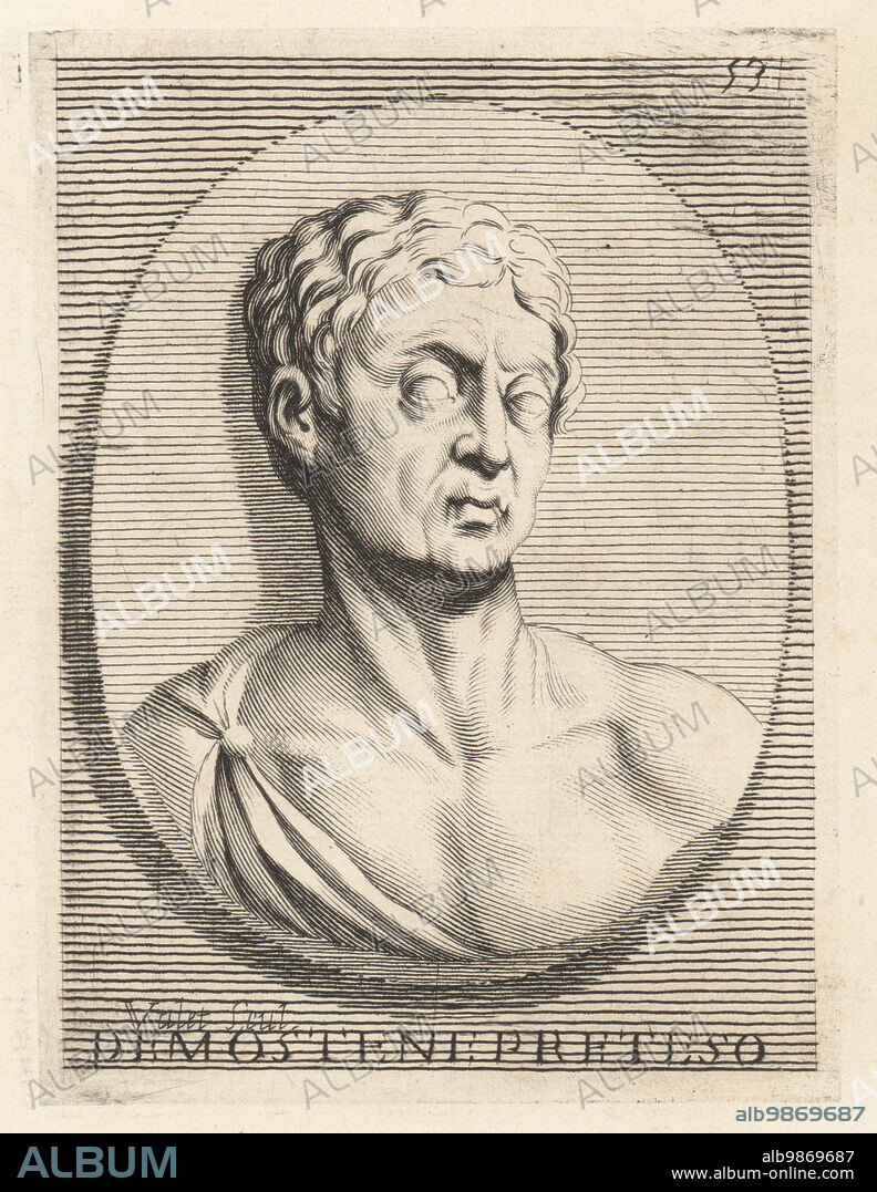 Head of Demosthenes. Either the Athenian general, died 413 BC, or the famous orator and statesman in ancient Athens, 384-322 BC. From a carnelian gem owned by Italian antiquary Giovanni Pietro Bellori. Demostene preteso. Copperplate engraving by Guillaume Vallet after Giovanni Angelo Canini from Iconografia, cioe disegni d'imagini de famosissimi monarchi, regi, filososi, poeti ed oratori dell' Antichita, Drawings of images of famous monarchs, kings, philosophers, poets and orators of Antiquity, Ignatio deLazari, Rome, 1699.