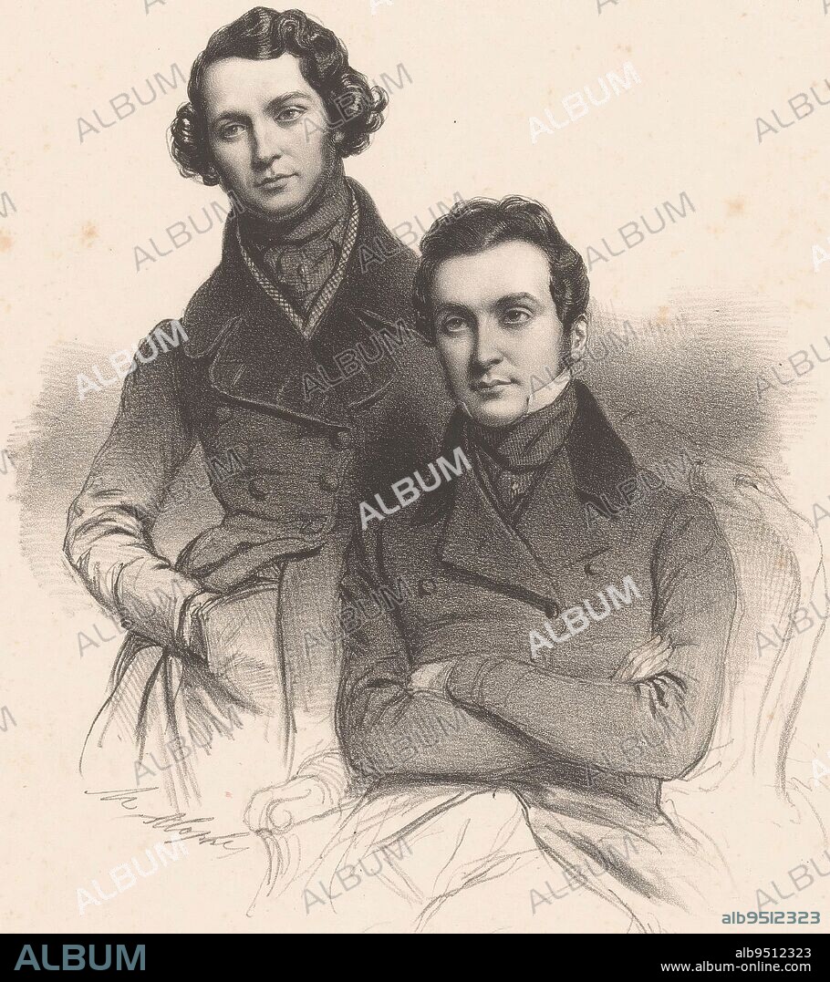 Portraits of the brothers Théodore and Jean-Hippolyte Cogniard, Marie Alexandre Alophe, 1838 - 1846, print maker: Marie Alexandre Alophe, (mentioned on object), printer: Aubert & Cie., (mentioned on object), publisher: Aubert & Cie., (mentioned on object), Paris, 1838 - 1846, paper, h 265 mm - w 202 mm.