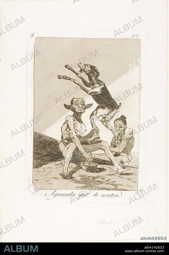 FRANCISCO DE GOYA. Wait till You've Been Anointed, plate 67 from Los Caprichos. Francisco José de Goya y Lucientes; Spanish, 1746-1828. Date: 1797-1799. Dimensions: 188 x 130 mm (image); 215 x 150 mm (plate); 301 x 206 mm (sheet). Etching and aquatint on ivory laid paper. Origin: Spain.
