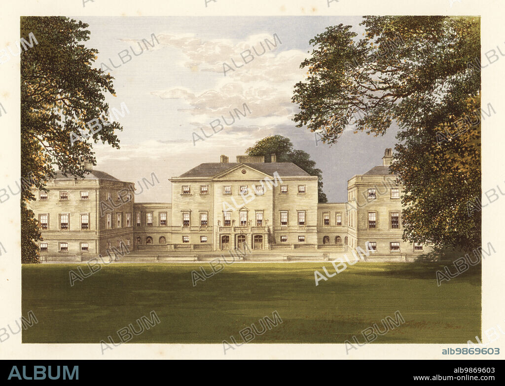 Nuneham Park, Berkshire, England. Palladian-style villa built in 1756 for Simon Harcourt, Ist Earl Harcourt, with interiors by James Stuart and gardens landscaped by Lancelot Capability Brown. Colour woodblock by Benjamin Fawcett in the Baxter process of an illustration by Alexander Francis Lydon from Reverend Francis Orpen Morriss Picturesque Views of the Seats of Noblemen and Gentlemen of Great Britain and Ireland, William Mackenzie, London, 1880.
