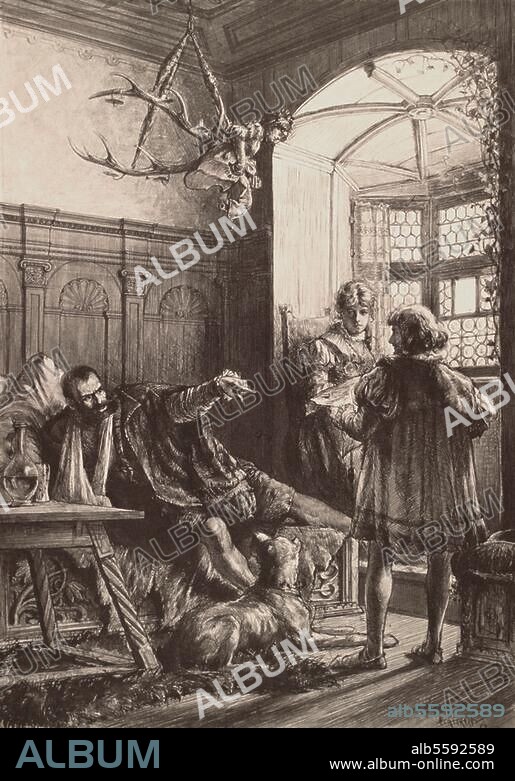 Wolff, Julius; Schriftsteller. 1834-1910. Werke: Der wilde Jäger (1877). "Auf der Treseburg". (Illustration zu der Verserzählung). Lichtdruck nach Tuschzeichnung, 1882, von Karl Rickelt. Aus der Sammelmappe "Der wilde Jäger", München (Verlag A.Ackermann), 1883. Berlin, Sammlung Archiv für Kunst und Geschichte.