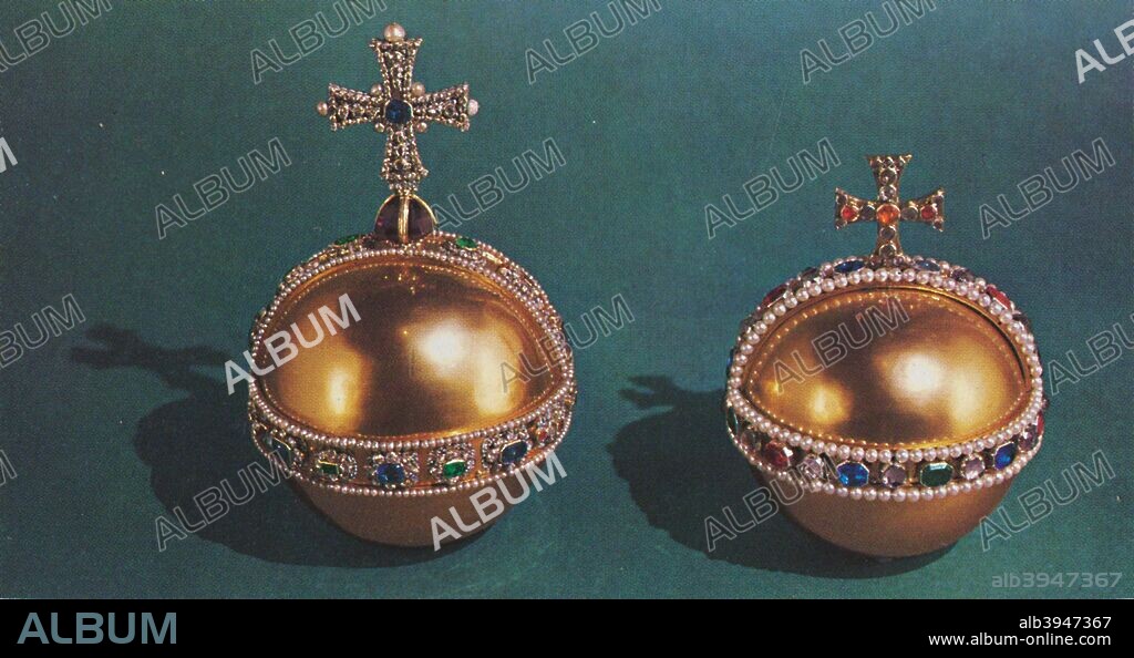 'The Sovereign's Orb and Queen Mary II's Orb', 1953. The Sovereign's Orb was commissioned for the coronation of Charles II (1661). The Queen Mary II's Orb was commissioned for the coronation of Mary II (1689). They are part of the Royal Collection at the Tower of London. From The Crown Jewels, by Martin Holmes FSA. [Her Majesty's Stationery Office, London, 1953].