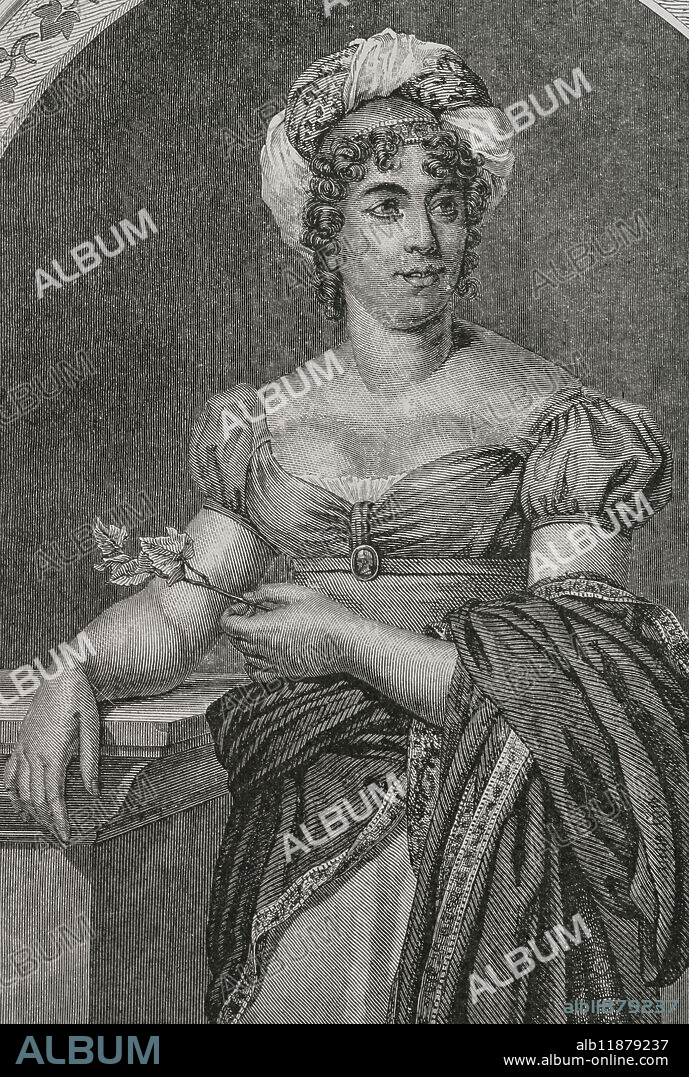 Anne-Louise Germaine Necker (1766-1817), conocida como Madame de Staël. Filósofa, escritora y teórica política franco-suiza. Famosa por su salón literario en París. Retrato. Grabado. Historia.