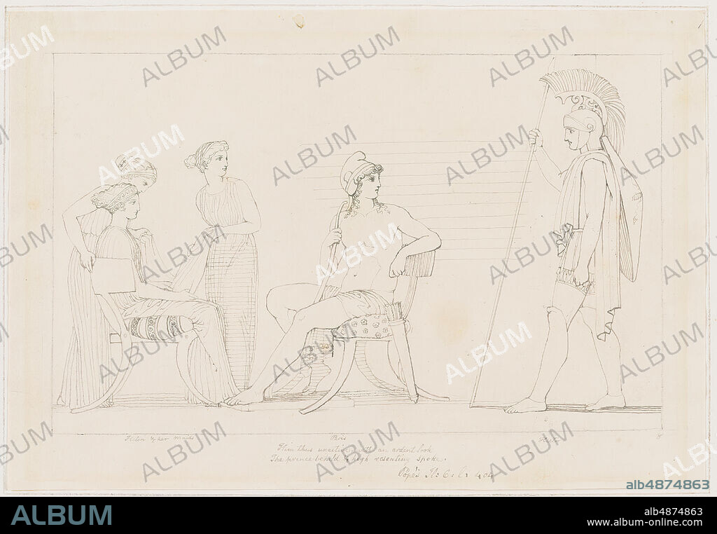 John Flaxman, Hector Chiding Paris, 1792-1793, pen and grey ink, brush and black ink over graphite on wove paper, 8 3/8 in. x 12 1/8 in. (21.27 cm. x 30.8 cm.), This drawing by the English Neoclassical sculptor and illustrator John Flaxman conjures a scene from Homer's 'Iliad', the first book the artist illustrated to great acclaim. (His later projects included Dante's 'Divine Comedy,' and Aeschylus.) Commissioned by Mrs. Hare-Naylor in 1792 or 1793 and created in Rome, Flaxman's drawing for the 'Iliad' shows the Trojan leader Hector chastising Paris for defending Troy haphazardly. Flaxman used this drawing as a preparatory study for the published engraving of the encounter. The final work is simplified even further, as it drops Helen's maids and presents the nude, effeminate Paris resting on a bow, his head lowered in shame. Flaxman's drawings of classical scenes and his designs for Josiah Wedgwood's ceramic wares sparked a craze throughout Europe for his silhouetted figures, which Flaxman had developed from engravings of Greek vases.