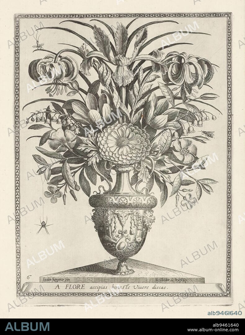 Polyptoton de Flore (The Variance of Flowers), Flower Vase with Spider, Polyptoton de Flore (series title), Ornamental vase with flowers, standing on triangular pedestal. On the left, a spider hanging from a thread., print maker: Johann Theodor de Bry, (mentioned on object), after design by: Jacobus Kempener, (mentioned on object), Frankfurt am Main, c. 1600, paper, etching, engraving, height 302 mm × width 228 mm.