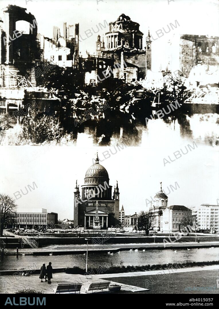 The before and after, Potsdam, Germany, World War II, c1939-c1945. The city of Potsdam was heavily damaged by Allied bombing raids. The large domed building is the Nikolaikirche (Nicholas Church).
