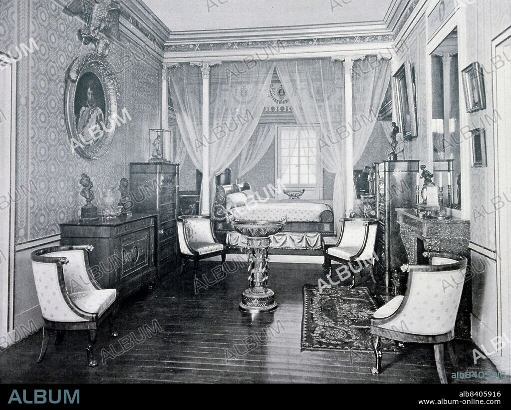 Black and white photograph; Centenary Exhibition of Furniture - the bedroom of Talma.