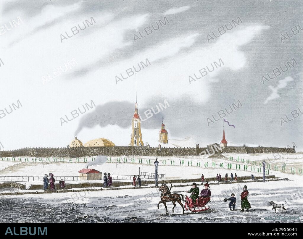 HISTORIA DE RUSIA. SIGLO XVIII. SAN PETERSBURGO. Fortaleza de Pedro y Pablo junto al río Neva, en invierno. Grabado coloreado del siglo XIX.
