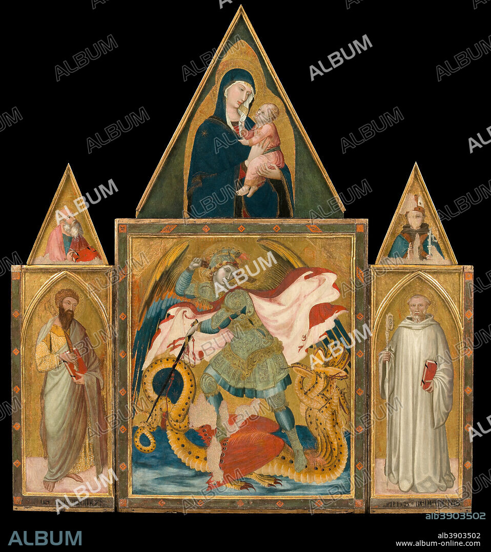 AMBROGIO LORENZETTI. Rofeno Abbey Poliptych. Saint Michael the Archangel slaying the Dragon between Saints Bartholomew and Benedict; Madonna with Child, Saint John the Evangelist and Saint Ludwig of Tolouse (in the cusps);. Date/Period: 1330 - 1335. Tempera on Panel. Height: 258 mm (10.15 in); Width: 230 mm (9.05 in).