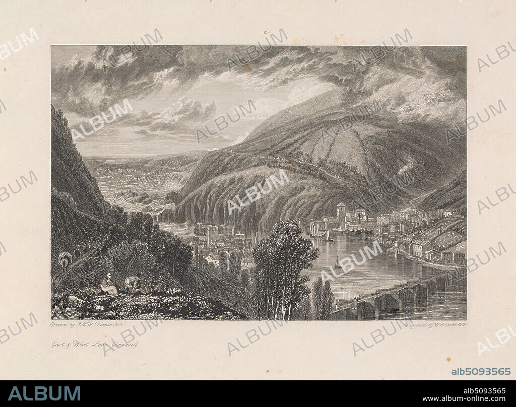 East & West Looe, Cornwall, William Bernard Cooke, 17781855, British, after Joseph Mallord William Turner, 17751851, British, 1818, Etching and engraving on thick, slightly textured, cream, wove paper, with cream, chine collé, Sheet: 14 7/8 × 21 1/8 inches (37.8 × 53.7 cm), Plate: 9 5/8 × 12 1/2 inches (24.4 × 31.8 cm), Chine collé: 8 15/16 × 11 15/16 inches (22.7 × 30.3 cm), and Image: 6 1/4 × 9 1/2 inches (15.9 × 24.1 cm).