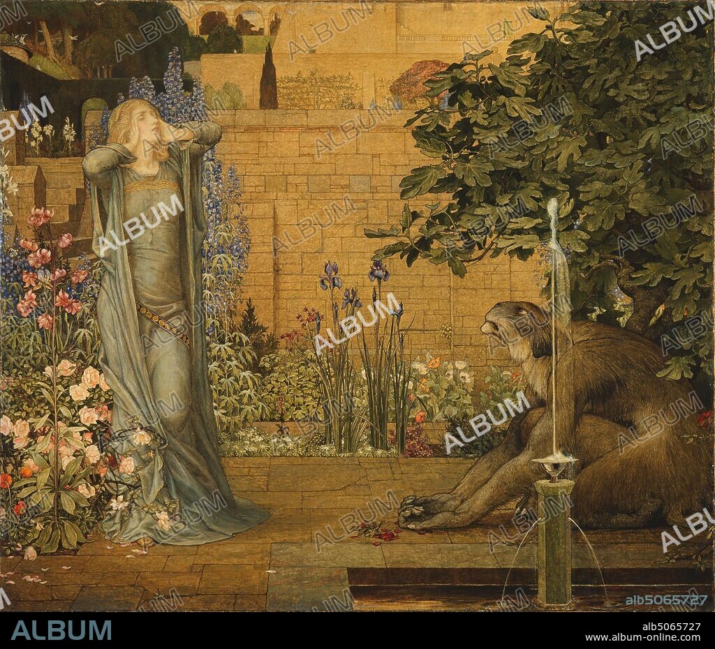 Beauty and the Beast, 1904 John Dickson Batten (d. 1932) Joseph Edward Southall (d. 1944), Flower, Pre-Raphaelite, Figurative, Female, Fountain, Art Movement, Symbolism, Literature, Fairy tale.