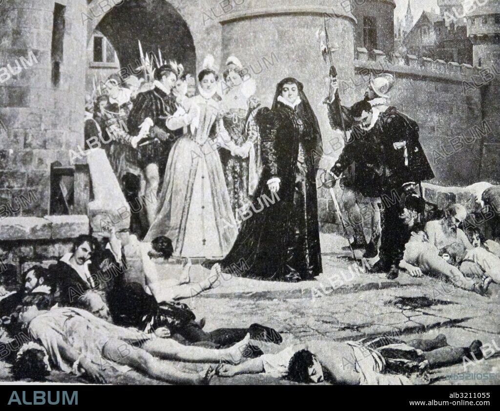Painting depicting Catherine de Medici (1519-1589) viewing the aftermath of the St. Bartholomew's Day massacre. The massacre was a targeted group of assassinations and a wave of Catholic mob violence, directed against the Huguenots during the French Wars of Religion. Dated 16th Century.