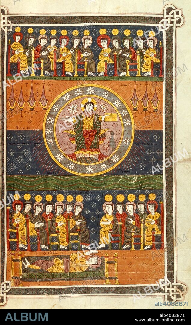 PETRUS, BEATUS OF LIÃ©BANA and DOMINICUS. St. John's vision of God. Silos Apocalypse. Spain (Silos), 1109. (Whole folio) Revelation 4, 1- 6. St. John's vision of God enthroned within a rainbow before the opening of the seven seals.; the seven lamps; virgins, elders and apostles.  Image taken from Silos Apocalypse.  Originally published/produced in Spain (Silos), 1109. . Source: Add. 11695, f.83. Language: Latin.