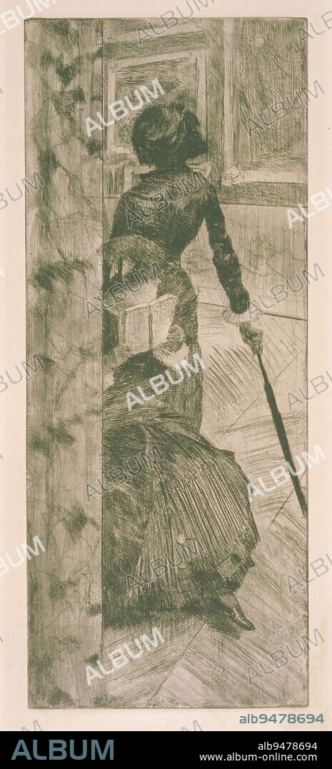 Mary Cassatt at the Louvre: The Paintings Gallery, 1879-1880, Edgar Degas, French, 1834 - 1917, 12 x 4 15/16 in. (30.48 x 12.54 cm) (plate)16 1/4 x 8 5/16 in. (41.28 x 21.11 cm) (sheet), Etching, soft-ground, aquatint, and drypoint, France, 19th century, In 1865 Edgar Degas joined a group of artists, writers, critics, and collectors who met at Madame Desoye's famous shop, La Porte Chinoise, at 220 rue de Rivoli to discuss and admire Japanese art. The group included Edmond and Jules de Goncourt, Émile Zola, Charles Baudelaire, Edouard Manet, James Tissot, James McNeill Whistler, and Felix Bracquemond. Degas knew many other important collectors of Japanese art, who opened their doors to him. He became a collector himself and at the time of his death his studio held more than 100 ukiyo-e prints. Stylistically, Degas was most impressed by the subtle use of line, unusual organization of space, and unfamiliar foreshortening he found in Japanese art. Mary Cassatt at the Louvre is perhaps his most Japanese-inspired print. The narrow format and up-tilted background plane, the cropped column on the left, the unusual off-center arrangement of the subjects, and the bird's-eye perspective combine to make this an extremely daring composition.