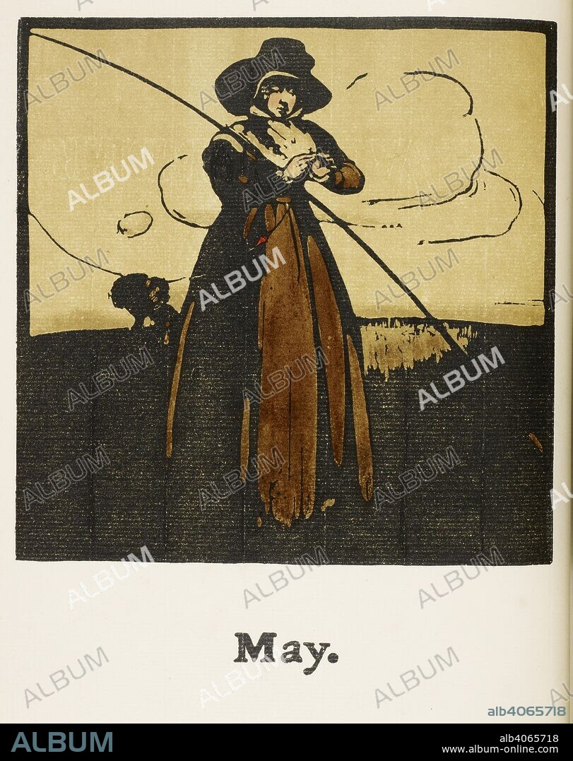 WILLIAM NICHOLSON. Image from a sporting calendar. May. A woman with a fishing rod. Baiting the hook.  . Almanac of Sports for 1897. London England 1898. Illustration by Rudyard Kinpling. One of an edition of twenty copies. Source: Kipling file 546. Language: English.