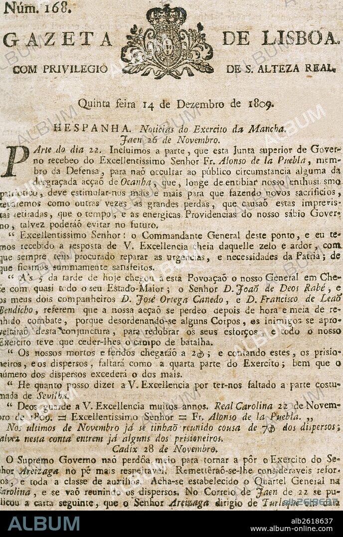 PRENSA PORTUGUESA. SIGLO XIX. (CONTESTO HISTORICO DE LA GUERRA DE INDEPENDENCIA ESPAÑOLA, 1808-1814). "GAZETA DE LISBOA" (número 168, 14 de diciembre de 1809. Impreso en Lisboa por Antonio Rodriguez Galhardo.
