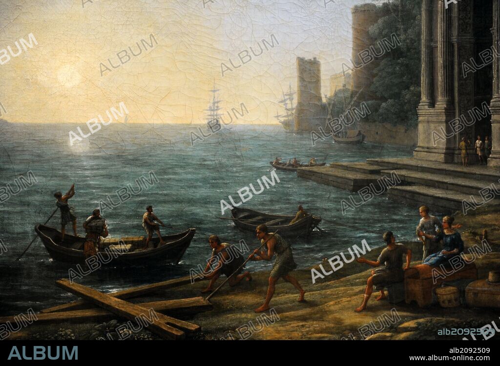 ARTE BARROCO. FRANCIA. Claude Gellée, más conocido en español como Claudio de Lorena (en francés Claude Lorrain (1600/1605). Pintor francés establecido en Italia. Estiko barroco, corriente denominada clasicismo, destacando en el paisajismo. "Puerto a la salida deL sol". 1674. Alte Pinakothek. Munich. Alemania.