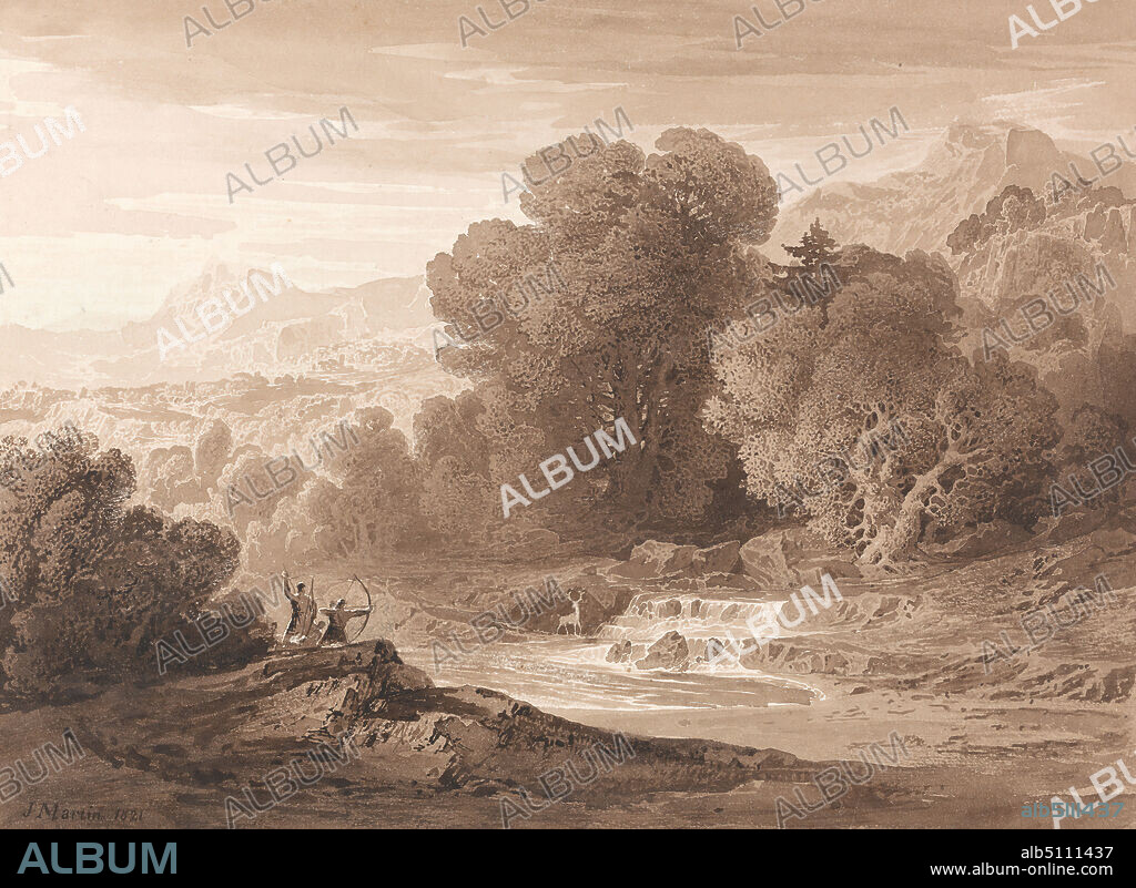 Archers Stalking a Stag, John Martin, 17891854, British, 1821, Watercolor, brown wash, and graphite, with scratching out on medium, slightly textured, cream wove paper, Sheet: 7 3/4 x 10 1/2 inches (19.7 x 26.7 cm), Bow and arrow, hunters, hunting, landscape, mountains, rapids, river, sporting art, stag, trees.