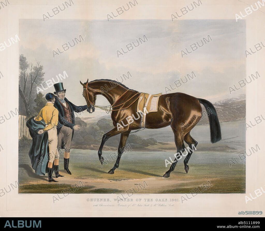 'Ghuznee', Winner of The Oaks - 1841 / with Characteristic Portraits of Mr. John Scott & Mr. William Scott, James R. Mackrell, c.18151846, after Francis Calcraft Turner, active 17821846, British, 1841, Aquatint, hand-colored, Sheet: 21 x 25 1/2in. (53.3 x 64.8cm).