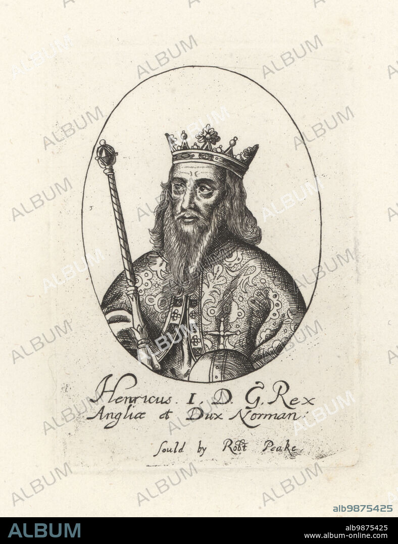 Henry I or Henry Beauclerc, c. 1068-1135, King of England. In crown and richly embroidered mantle, with orb and sceptre. King Henry I of England. Henricus I, DG Rex Anglice et Dux Norman. From William Faithorne's set of Kings, sold by Robert Peake. Copperplate engraving from Samuel Woodburns Gallery of Rare Portraits Consisting of Original Plates, George Jones, 102 St Martins Lane, London, 1816.