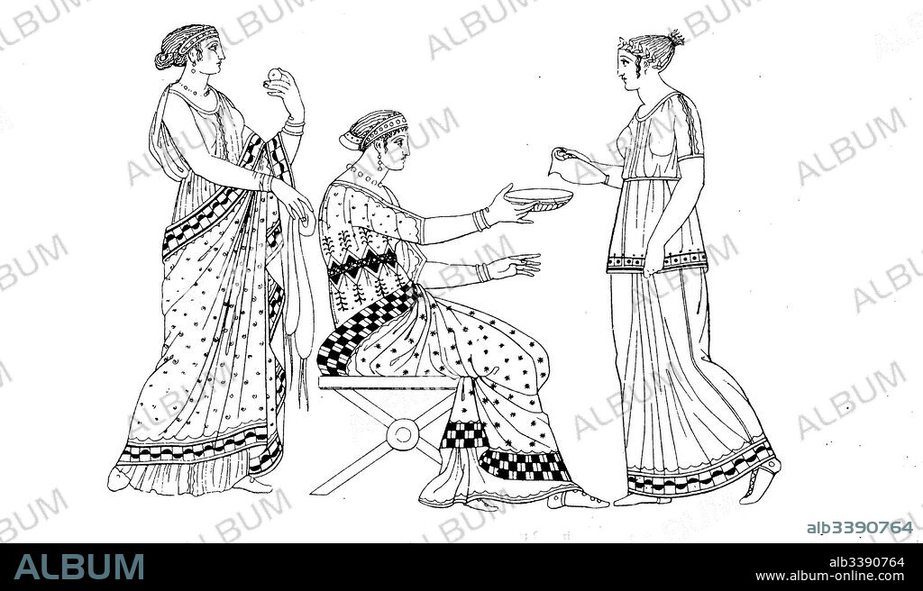 Ancient greece. Lady in colorful clothes with Chiton and Himation, servant, after a vase painting, History of fashion, costume story.