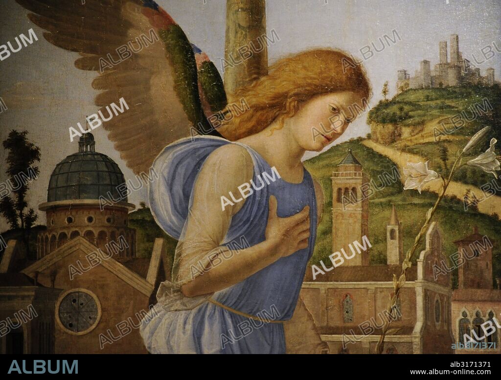 Arcángel Gabriel. Detalle del cuadro La Anunciación, 1495, obra de Giovanni Battista Cima da Conegliano (h.1459-h.1517). Museo del Hermitage (The State Hermitage Museum). San Petersburgo. Rusia.