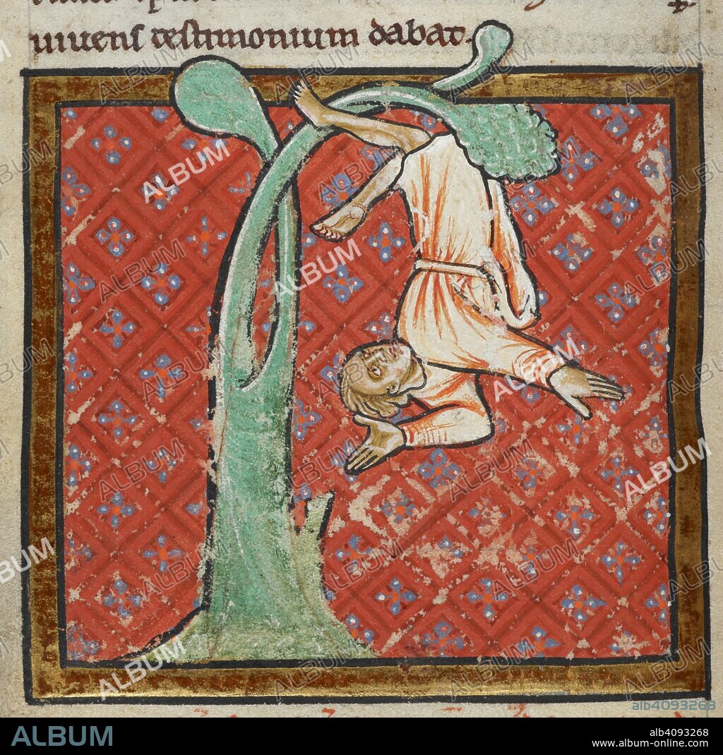 Miniature of Cuthbert's vision of the soul of a man, who was killed by falling from a tree, being carried to heaven, from Chapter 34 of Bede's prose Life of St Cuthbert. Prose Life of St. Cuthbert; extracts from the Historia Ecclesiastica (History of the English Church and People). England, N. (Durham). Last quarter of the 12th century. Source: Yates Thompson 26 f.63v. Language: Latin.