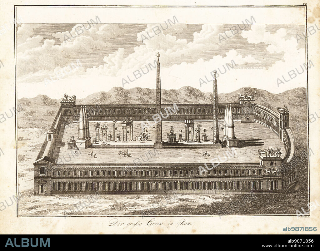 View of a chariot race at the Circus Maximus in Rome. A quadriga and two riders race along the track around a central divide or spina with turning posts or metae C,T, Egyptian obelisk of Augustus M, dolphin lap counters K, statues, altars and gates. Vue perspective du Grand Cirque de Rome. Copperplate engraving by Paul Joh. Weindl from Professor Joseph Rudolf Zappes Gemalde aus der romischen Geschichte, Pictures of Roman History, Joseph Schalbacher, Vienna, 1800. German edition of Abbe Claude Francois Xavier Millots Abrege de lHistoire Romaine.