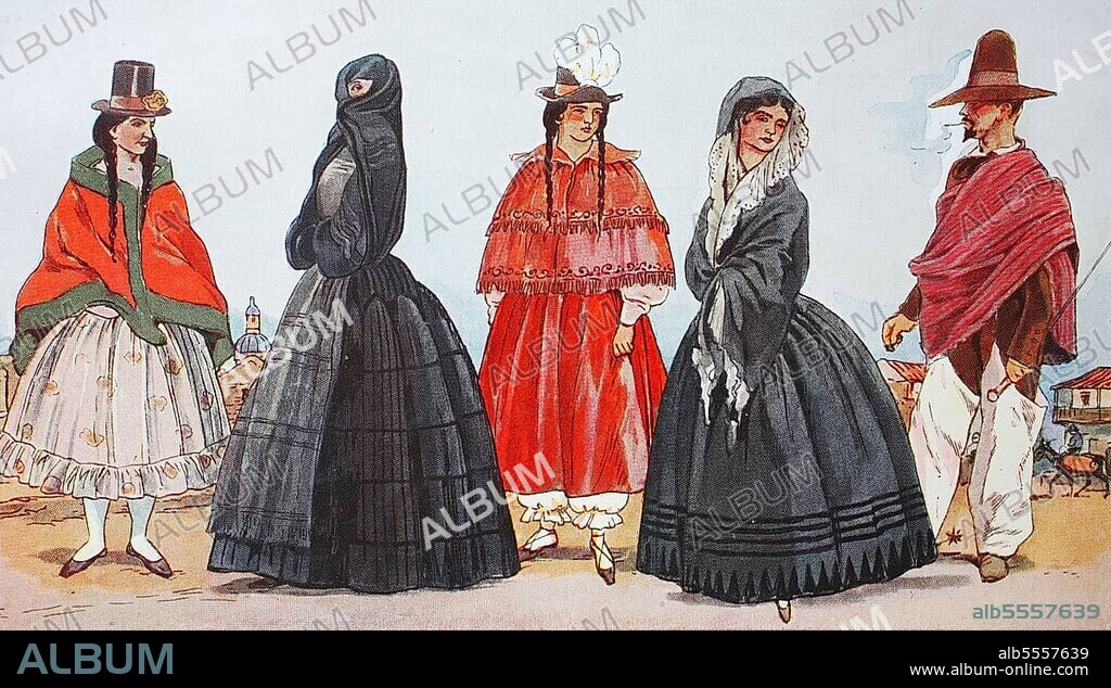 Clothes, digitally restored reproduction of an original pattern dem, fashion in South America, Peru, Colombia around the 19th century, from left, a Peruvian landlady in festive traditional costume around 1825-1830, a lady from the Peruvian city of Lima, two ladies from Arequipa and a man from Honda on the Rio Magdalena, Colombia