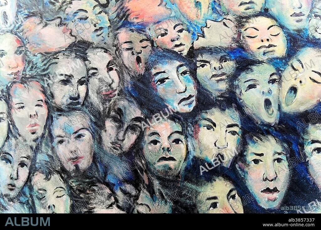 Mural, Es geschah im 1990, crowds of people breaking through Berlin Wall, detail, Fall of the Berlin Wall, artist Kani Alavi, Berlin Wall, East Side Gallery, Berlin, Germany, Europe.