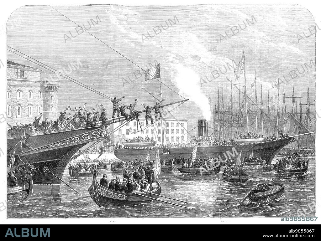 Arrival at the military port, Naples, of the "Emperor" and the "Melazzzo" with British volunteers for Garibaldi on board - from a sketch by our special artist, Frank Vizetelly, 1860. The '...reception by the people [of the British "excursionists", about 650 in number], was almost as enthusiastic as that of Garibaldi himself. The National Guard, carrying an English flag, went out to meet them, with music playing. Ten thousand people accompanied them, carrying nosegays and garlands of flowers...Ladies and gentlemen, everybody of note in the town, went up to the volunteers to shake hands with them, and to express to them the gratitude of Italy. Some ladies shed tears from emotion. The scene evidently took these young men quite by surprise; most of them hardly knew what to do under the embraces of the people, and kept on shaking hands, right and left...The English volunteers seemed to be overcome...Enthusiastic as the Neapolitans were, the enthusiasm of the English was greater still...From time to time they struck up "God Save the Queen," which the Neapolitans received with tremendous cheering, being clearly under the impression that it was a spirit-stirring revolutionary appeal expressly composed for the political necessities of the moment'. From "Illustrated London News", 1860.