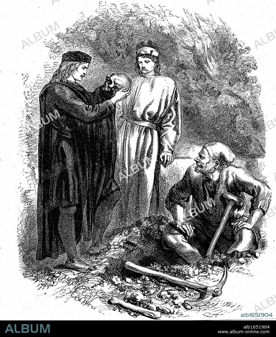 Alas, poor Yorick I knew him, Horatio Hamlet in the graveyard with Horatio and the clown, examines Yorick's skull. William Shakespeare's Hamlet: Act V Sc I . Engraving published London c1850.
