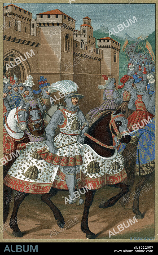 Louis XII, King of France, riding out with his army to chastise the city of Genoa, 24 April 1507. The covering of the king's armour and his horse's caparison are decorated with hives and bees. Louis XII (1462-1515) became king in 1498. Throughout much of his reign France was embroiled in the Italian Wars, largely without success. Chromolithograph after a miniature by Jean Marot.