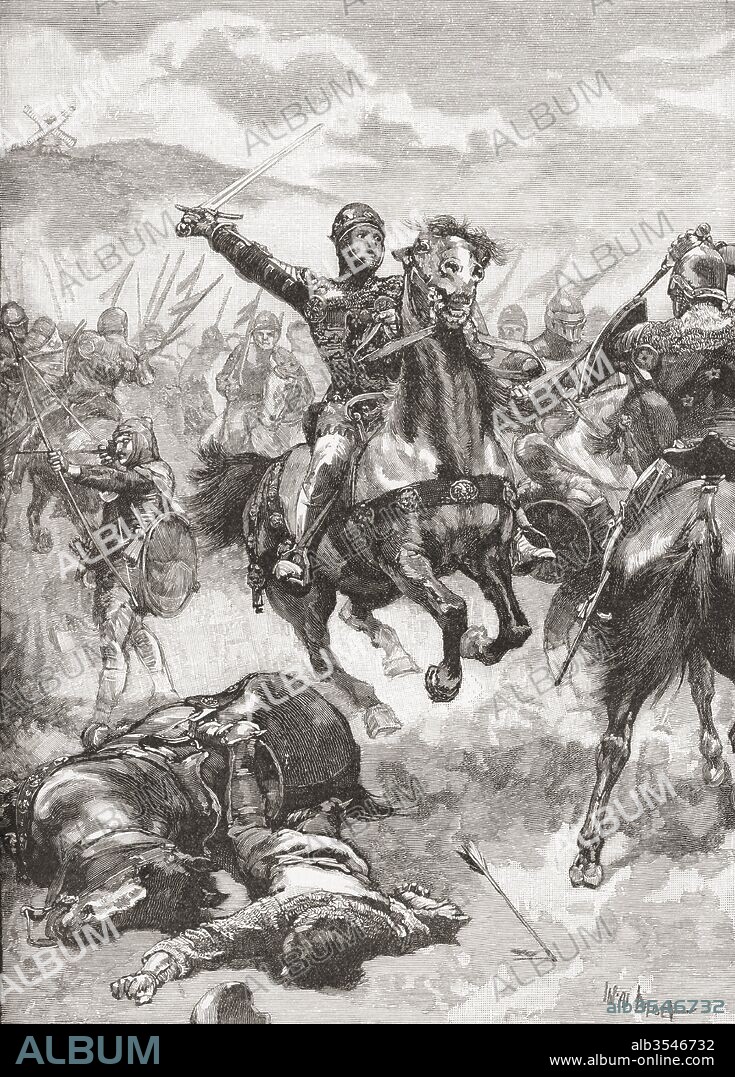 Edward, The Black Prince at the Battle of Crécy, France in 1346. Edward of Woodstock, Prince of Wales, Duke of Cornwall, Prince of Aquitaine, 1330 – 1376. Eldest son of King Edward III of England and father to King Richard II of England. From Cassell's History of England, published c.1901.