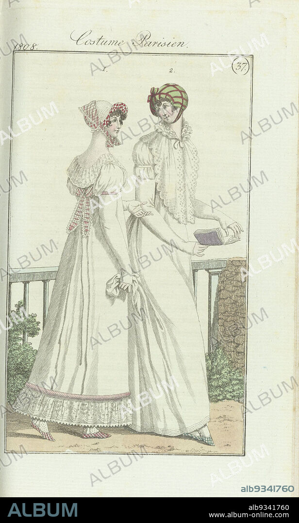 Journal des Dames et des Modes, edition Frankfurt 11 septembre 1808, Costume Parisien (37), The accompanying text (p. 287 and 288) states: Fig. 1: 'Marmotte' (name for certain kind of headdress) of taffeta with a border of lace. Gown of percale, with embroidered bottom edge. Belt of taffeta, trimmed with tulle. Pink checkered shoes. Fig. 2: Hat of green taffeta, with red piping. Gown of perkal. Short sleeves. Pelerine 'à pointes de fichu'. White mitaines, white-green checkered shoes. The print is part of the fashion magazine Journal des Dames et des Modes, published in Frankfurt as a copy of the French edition by Pierre de la Mésangère, (1798-1848)., print maker: anonymous, publisher: J.P. Lemaire, Frankfurt am Main, 1808, paper, engraving, height 188 mm × width 115 mm.