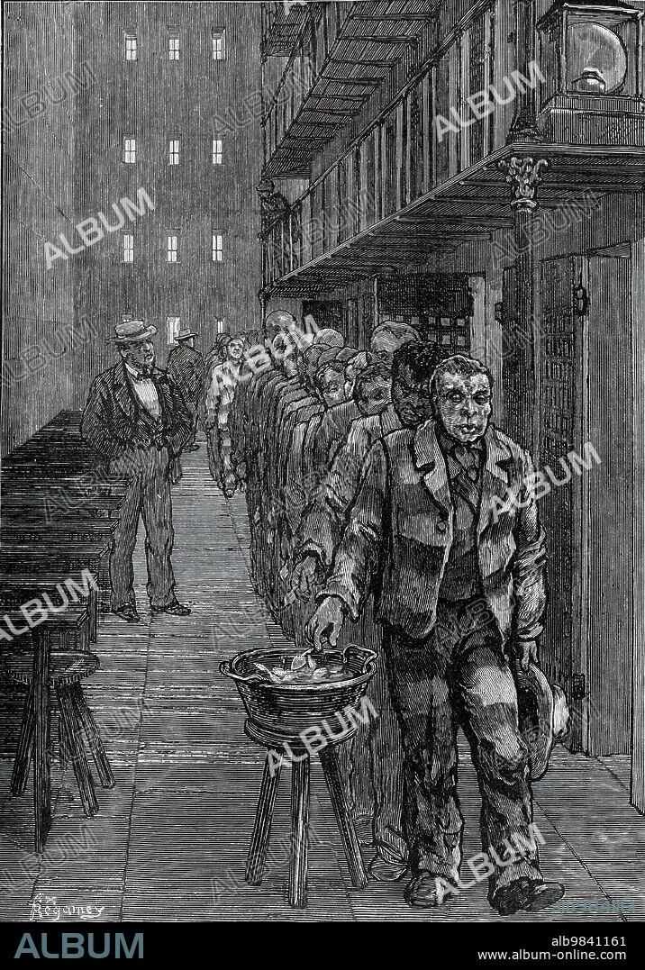 American Prison Life, Blackwell's Island, New York: Dinner-Time, 1876. Convicts complying with a '...regulation to be observed after the dismissal of the guests from that monotonous repast - namely, the punctual deposit of every man's spoon (an iron spoon, we believe, certainly not one of silver) in the receptacle set beside their path as they march out. There must be a certain degree of strictness in the domestic habits of this large household on Blackwell's Island, which is perhaps not quite agreeable to some of its visitors. But it is by their own fault that they find themselves lodgers and boarders there'. From "Illustrated London News", 1876.