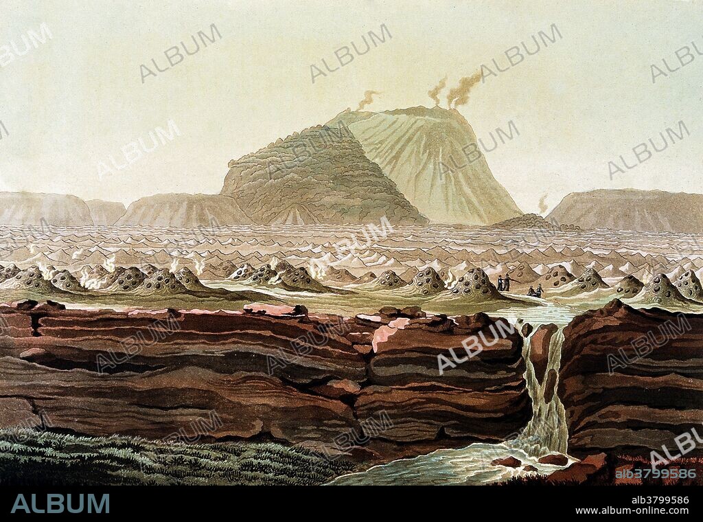 Jorullo Volcano, Mexico, 19th century. A compound volcano with smoking vents and a mass of smaller domes. Colored aquatint by Gerolamo Fumagalli, 19th century. El Jorullo is a cinder cone volcano in Michoacan, central Mexico, on the southwest slope of the central plateau, 33 miles (53 kilometers) southeast of Uruapan in an area known as the Michoacan-Guanajuato volcanic field.