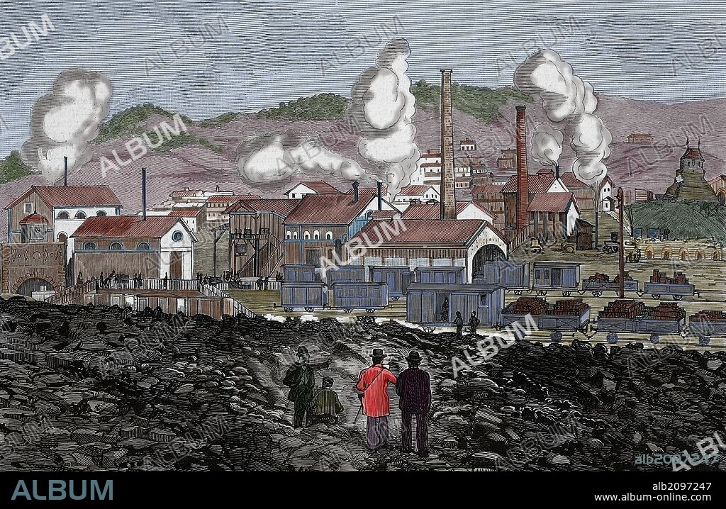 ECONOMIA SIGLO XIX. ESPAÑA. Vista del ESTABLECIMIENTO MINERO DE BARRUELO, en la provincia de Palencia. Grabado coloreado de "La Ilustración Española y Americana", año 1880.