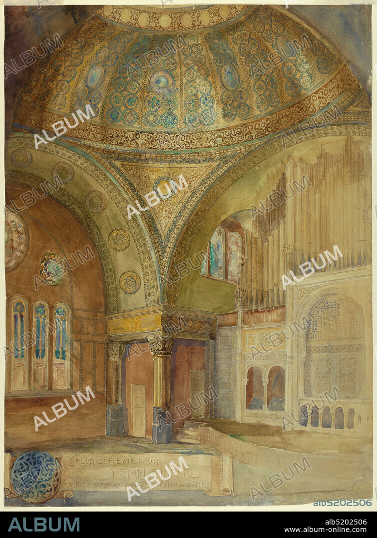 Color Scheme for Temple Israel, Brooklyn, NY, Leon Dabo, American, 18681960, Brush and watercolor, gouache, graphite on paper, View of temple interior in a Byzantine style with indication of colored marbles and mosaic decoration of a large, vaulted, domed space. Menorahs used as sculptural elements adorn the interior., USA, ca. 1902, architecture, Drawing, Drawing.