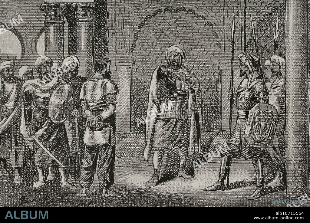 JOAN SERRA PAUSAS (ACTIVE 1861-1902). Alí ben Hamud al-Nasir (m. 1018). Sexto califa del Califato de Córdoba (1016-1018). Fue nombrado gobernador de Ceuta por el califa Sulaymán al-Mustain. Alí ben Hamud conspiró contra el califa Sulaymán al-Mustain y, tras lograr entrar en Córdoba, fue proclamado califa el 1 de julio de 1016. Ordenó encarcelar y matar a Sulaymán, a su padre y a su hermano. "... Apodéranse de Suleiman y le mandan cortar la cabeza". Grabado por Serra Pausas. "Glorias Españolas". Tomo II. Publicada en Barcelona, 1890.